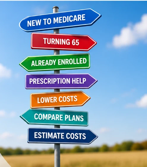 Signpost pointing to the seven Medicare starting points: new to Medicare, turning 65, already enrolled, prescription help, lower costs, compare plans, and estimate costs.